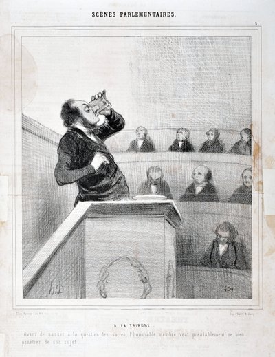 Honore Daumierin (1808-1879) taideteos. Charivari on vuodelta 1843: Serie SCENES PARLAMENTARY. Galleriassa - Ennen kuin siirrymme sokerikysymykseen, kunnia. jäsen haluaa ajatella hyvin aihettaan”” MUSEE DES BEAUX ARTS - PALAIS LONGCHAMP, MARS tekijältä Honoré Daumier