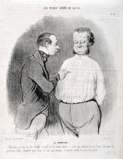 Honore Daumierin (1808-1879) taideteos. Charivari on vuodelta 1845: Serie LES BEAUX DAYS DE LA VIE. Pusero "" -Herra, tein sinusta parhaan päälläni... minun tavallani paidalla voit esitellä itsesi missä tahansa olohuoneessa ja olemme aina parhaiten pukeutu tekijältä Honoré Daumier