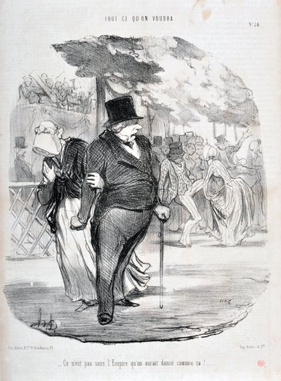 Honore Daumierin (1808-1879) taideteos. Charivari on vuodelta 1849: Sarja KAIKKI MITÄ TULETT “” Ei ole Imperiumin alla, että tanssiisimme näin!...”” KUUTATAIDEMUSEO - PALACE LONGCHAMP, MARSEILLE tekijältä Honoré Daumier