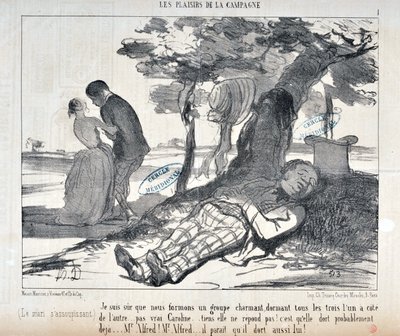 Honore Daumierin (1808-1879) taideteos Charivari on vuodelta 1853: Serie LES PLAISIRS DE LA CAMPAGNE "" Olen varma, että muodostamme viehättävän ryhmän, kaikki kolme toisiaan vastaan ​​... ei totta Caroline ... tee ei vastaa! Hän on varmaan jo unessa tekijältä Honoré Daumier