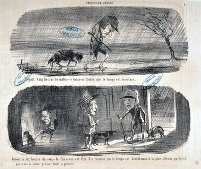 Honore Daumierin (1808-1879) Charivarin taideteos on vuodelta 1853: Serie Sketches de Chasse “” Lähtö Five heures du matin, - le chasseur huomaa, että sää on epävarma””” “” Takaisin kello kuuteen illalla, - Metsästäjä on kunnossa, hän tunnisti sen tekijältä Honoré Daumier