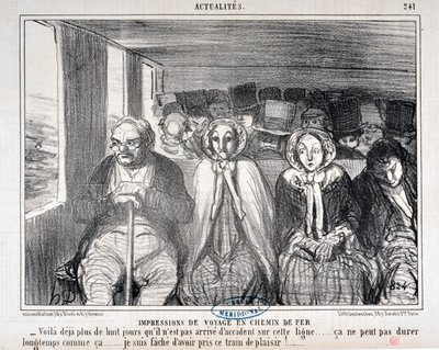 Honore Daumierin (1808-1879) Charivarin taideteos on vuodelta 1855: Serie Actualites de voyage en railroad "" -Tässä on yli kahdeksan päivää, kun tällä radalla ei ole tapahtunut onnettomuutta... se ei voi kestää kauan näin. .. Olen pahoillani, että menin t tekijältä Honoré Daumier