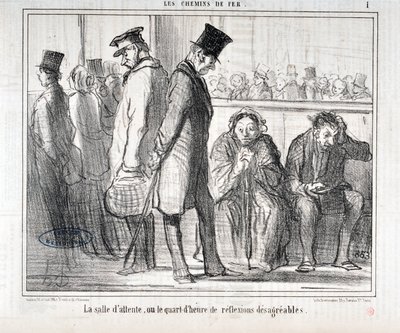 Honore Daumierin (1808-1879) taideteos. Charivari on vuodelta 1855: Serie LES Chemins de fer "" Odotushuone tai neljännestunti epämiellyttäviä heijastuksia""" MUSEE DES BEAUX ARTS - PALAIS LONGCHAMP, MARSEILLE tekijältä Honoré Daumier
