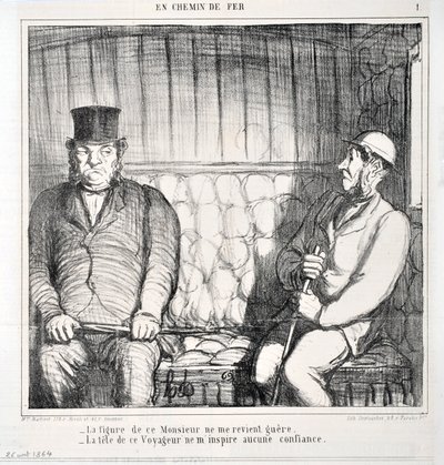 Honore Daumierin (1808-1879) taideteos. Charivari on vuodelta 1864: Serie LES CHAINS DE RAILWAY "" -Tämän herrasmiehen hahmo ei tule mieleeni. - tämän matkustajan pää herättää minussa epäluottamusta""" MUSEE DES BEAUX ARTS - PALAIS LONGCHAMP, MARSE tekijältä Honoré Daumier