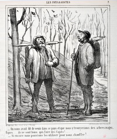Honore Daumierin (1808-1879) taideteos. Charivari on vuodelta 1864: Serie LES LANDSAGISTS “” - Meitä käskettiin tulla tähän maahan ja että löydämme kauniita puita... niistä on hyvä tehdä peikkoja!... "Jos voisimme käyttää niitä lämmittämään meitä!. ..” SUO tekijältä Honoré Daumier