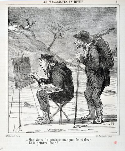 Honore Daumierin (1808-1879) taideteos. Charivari on vuodelta 1864: Serie LES LANDSAGISTS IN WINTER "" - Vanha mies, maalauksestasi puuttuu lämpöä - Ja maalari niin! "" KUUTATAIDEMUSEO - PALACE LONGCHAMP, MARSEILLE tekijältä Honoré Daumier