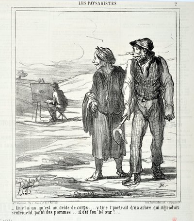 Honore Daumierin (1808-1879) taideteos. Charivari on vuodelta 1864: Serie LES LANDSAGISTS “” - Tässä, joka on hauska vartalo... piirtää muotokuvan puusta, joka ei tuota vain omenoita... hän on hulluna!...” KAUPUTAIDEMUSEO - PALACE LONGCHAMP, tekijältä Honoré Daumier