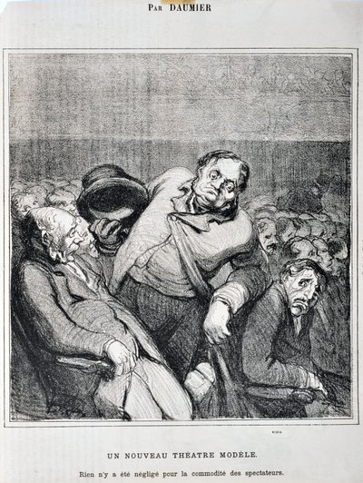 Honore Daumierin (1808-1879) taideteos. Charivari on vuodelta 1864: Sarjaluonnokset teatterissa Uusi teatterimalli. "Mitään ei ole laiminlyöty katsojien mukavuuden vuoksi"" MUSEE DES BEAUX ARTS - PALAIS LONGCHAMP, MARSEILLE tekijältä Honoré Daumier