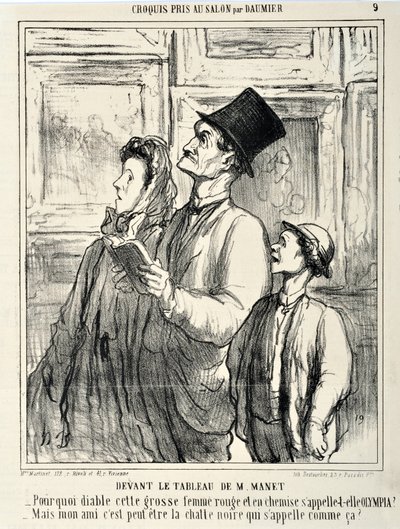 Honore Daumierin (1808-1879) taidetta Charivari on vuodelta 1865: Serie CRUQUIS PAUIT SALONGISSA Manetin maalauksen edessä "" -Miksi helvetissä tämä iso punainen nainen on paidassa nimeltä Olympia? - Mutta ystäväni voi olla se musta kissa, jota kutsutaan s tekijältä Honoré Daumier