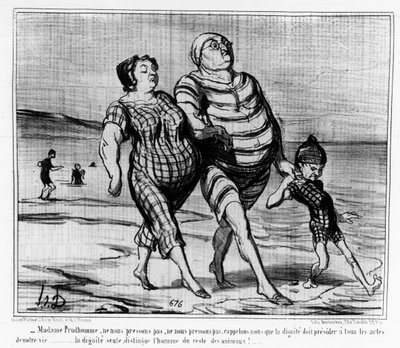 Merikylpylässä: pariisilainen perhe kävelemässä rannalla - Daumierin luona, "" Charivarissa"" tekijältä Honoré Daumier