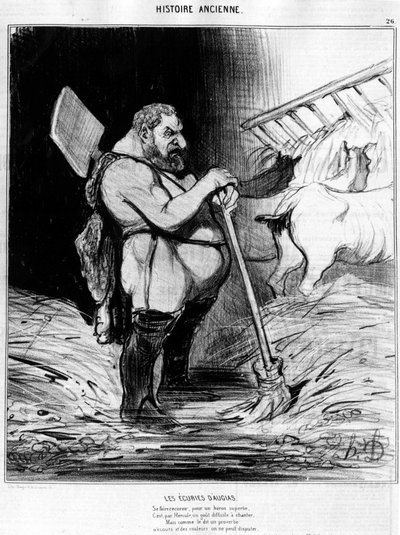 Augias-tallit. Kääpiön näköinen mies tallissa: Honore Daumierin karikatyyri "Antiikin historia". tekijältä Honoré Daumier