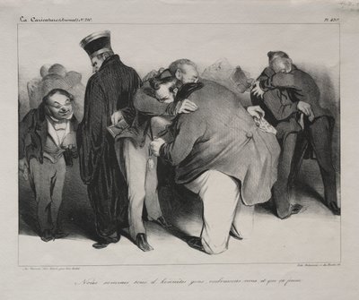 Karikatyyri, levy 439: Olemme kaikki rehellisiä miehiä, joten syleilkäämme ja olkaamme valmiit tekijältä Honoré Daumier