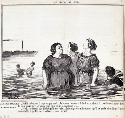 Sarjakuva ulkonäöstä ja muodista. Sarja "" Les Bains de Mer"": "" Laiha nainen (...), lihava nainen (...)" Kaiverrus Honore DAUMIER (1808-1879). Ote sanomalehdestä "" Le Charivari"" 16. syyskuuta tekijältä Honoré Daumier