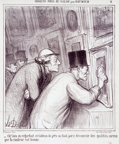 Sarjakuva taiteen ystävistä. Sarja "" Sketch otti Salonissa, Daumier": "" Eh! Kun katsomme tätä maalausta, huomaamme laadun, näemme, että väri on hyvä." Kaiverrus Honore DAUMIER (1808-1879). Ote sanomalehdestä "" Le Chari tekijältä Honoré Daumier