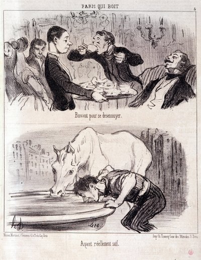 Sarjakuva gastronomisesta väärinkäytöstä. Serie Paris juominen: "" Juominen kyllästyäksesi. Todella janoinen." Kaiverrus Honore DAUMIER (1808-1879). Ote sanomalehdestä "" Le Charivari"" 16. kesäkuuta 1852 Koko 37x26 cm Inv D 2310 - laatikko 24 N¡5. Marseil tekijältä Honoré Daumier