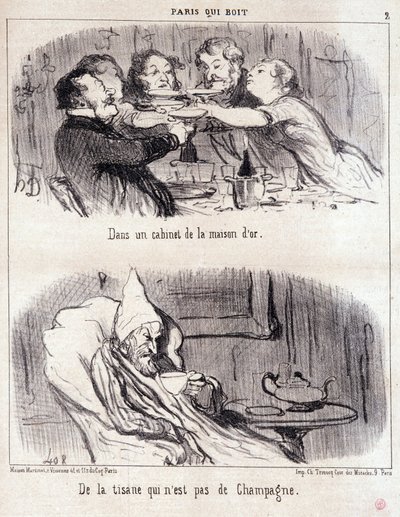 Sarjakuva gastronomisesta hyväksikäytöstä. Sarja "Paris qui drinks": "orin talon kaapissa. Yrttiteetä, joka ei ole samppanjaa." Honore DAUMIERin (1808-1879) kaiverrus. Ote Le Charivari -sanomalehdestä 4. kesäkuuta. tekijältä Honoré Daumier