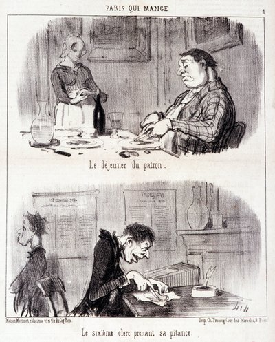 Sarjakuva gastronomisesta väärinkäytöstä. Sarja “” Paris qui mange””: Pomon aamiainen. Kuudes virkailija ottaa säälinsä. Kaiverrus Honore DAUMIER (1808-1879). Ote sanomalehdestä "" Le Charivari"" 26. kesäkuuta tekijältä Honoré Daumier