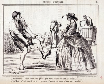 Sarjakuva harvestereista, jotka tallaavat paljain jaloin rypäleitä. Sarja "" Autumn Sketch"": "" Kuinka... aiot puristaa rypäleitä jaloillaan? ...” Kaiverrus Honore DAUMIER (1808-1879). Ote sanomalehdestä "" Le Charivari"" tekijältä Honoré Daumier