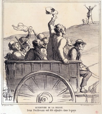 Sarjakuva metsästäjistä. Sarja "Syksy luonnos: Metsästyksen avaus, kaksi peltopyytä merkittiin maassa", sanomalehdistä "Le Charivari" tekijältä Honoré Daumier