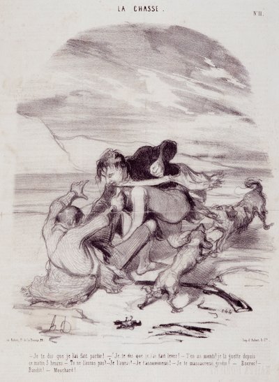 Sarjakuva metsästäjistä. Sarja "" Elämän kauniit päivät - Metsästys"": "" Sanon teille, että sain hänet lähtemään..." Kaiverrus Honore DAUMIER (1808-1879). Ote sanomalehdestä "" Le Charivari"" 10. tammikuuta tekijältä Honoré Daumier