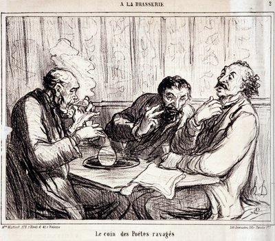Sarjakuva runojen kirjoittajista. Sarja "" A la brasserie"": "" Raivottujen runoilijoiden nurkka""". Kaiverrus Honore DAUMIER (1808-1879). Ote sanomalehdestä "" Le Charivari"" 7. tammikuuta tekijältä Honoré Daumier