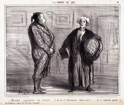 Sarjakuva tieteestä. Sarja "" Komeetalla 1857"": "" Mossieu, jätän palveluksesi..."" Kaiverrus Honore DAUMIER (1808-1879). Ote sanomalehdestä "" Le Charivari"" 13. maaliskuuta tekijältä Honoré Daumier