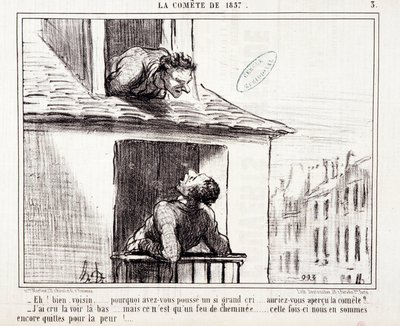 Sarjakuva tieteestä. Serie Sur "" vuoden 1857 komeetta"": "" No naapuri... miksi huusit niin paljon..." Kaiverrus Honore DAUMIER (1808-1879). Ote sanomalehdestä "" Le Charivari"" 11. maaliskuuta tekijältä Honoré Daumier