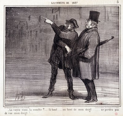 Sarjakuva tieteestä. Sarja "" vuoden 1857 komeetta": "" Näetkö komitean?..." Varas kääntää uhrinsa huomion pois. Kaiverrus Honore DAUMIER (1808-1879). Ote sanomalehdestä "" Le Charivari"" 19. maaliskuuta tekijältä Honoré Daumier