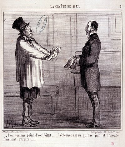 Sarjakuva tieteestä. Sarja aiheesta "" The Comete of 1857"": En halua lippua..." Kaiverrus Honore DAUMIER (1808-1879). Ote sanomalehdestä "" Le Charivari"" 4. maaliskuuta tekijältä Honoré Daumier
