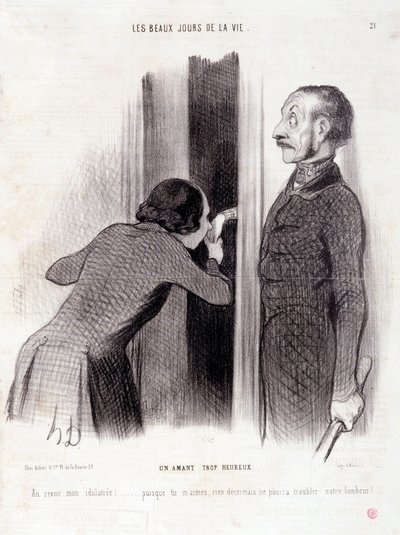 Sarjakuva pariskunnasta. Sarja "" Elämän kauniit päivät"": "" Liian onnellinen rakastaja..." Kaiverrus Honore DAUMIER (1808-1879). Ote sanomalehdestä "" Le Charivari"" 1. syyskuuta tekijältä Honoré Daumier