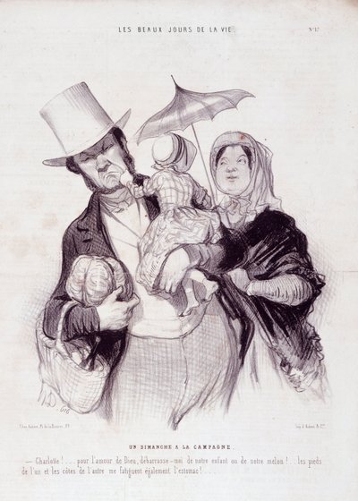 Sarjakuva perheestä. Sarja "" Elämän kauniit päivät"": Sunnuntai maaseudulla..." Kaiverrus Honore DAUMIER (1808-1879). Ote sanomalehdestä "" Le Charivari"" 21. heinäkuuta tekijältä Honoré Daumier