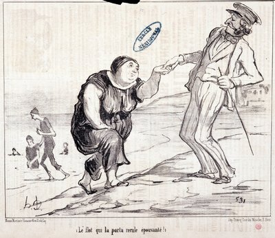 Sarjakuva turisteista lomalla. Sarja "" Axe Bains de Mer: "" Tulva, joka kantoi sen takaisin pelottavana! Kaiverrus Honore DAUMIER (1808-1879). Ote sanomalehdestä "" Le Charivari"" tekijältä Honoré Daumier