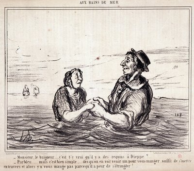 Sarjakuva turisteista lomalla. Serie "" aux Bains de Mer"": "" Monsieur le bathneur... onko totta, että Dieppessä on haita?..." Kaiverrus Honore DAUMIER (1808-1879). Ote sanomalehdestä "" Le Charivari"" 8. kesäkuuta tekijältä Honoré Daumier
