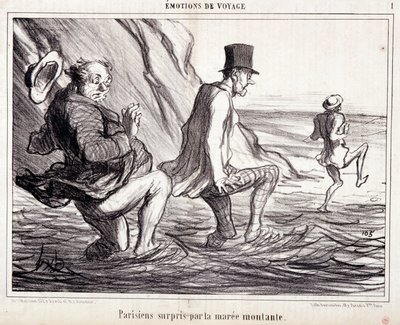 Sarjakuva turisteista lomalla. Sarja "" Axe Bains de Mer: "" Matkustustunteet. Nousevan tamman kiinni pariisilainen”. Kaiverrus Honore DAUMIER (1808-1879). Ote sanomalehdestä "" Le Charivari"" 8. lokakuuta tekijältä Honoré Daumier