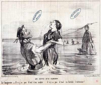Sarjakuva turisteista lomalla. Sarja "" Les Bains de Mer"": "" Vesipiirros. Sukelluksen jaksot". Kaiverrus Honore DAUMIER (1808-1879). Ote sanomalehdestä "" Le Charivari"" vuodelta 1853. Koko: 24x28cm. Lasku 2453 - laatikko 12 N¡1. Marseille, M tekijältä Honoré Daumier