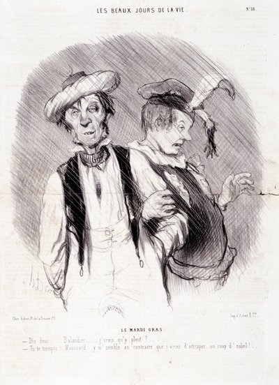 Sarjakuva kahdesta alkoholistista: Sarja "" Les Beaux Days de la Vie"": "" Le Mardi Gras..."". Kaiverrus Honore DAUMIER (1808-1879). Ote sanomalehdestä "" Le Charivari"" 9. elokuuta tekijältä Honoré Daumier