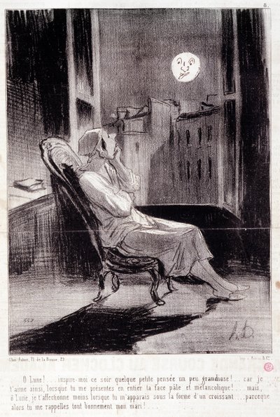 Sarjakuva naiskirjailijoista. Sarja "" Bas Bleus"": "" O! Kuu inspiroi minua tänä iltana...”” Kaiverrus Honore DAUMIER (1808-1879). Ote sanomalehdestä "" Le Charivari"" 28. helmikuuta tekijältä Honoré Daumier