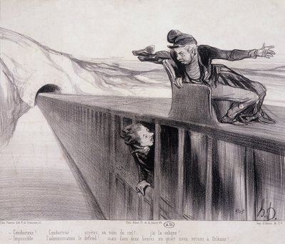 Sarjakuva Daumierista "" Les Chemins de Fer"", nd. 1800-luvulla tekijältä Honoré Daumier