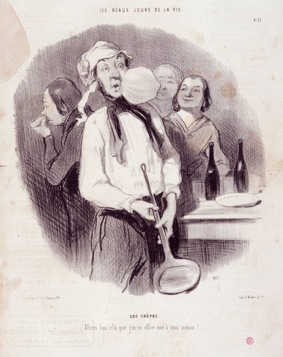 Sarjakuva kömpelö miehestä. Sarja "" Les Beaux Days de la Vie"": "" Les crepes... "" Kaiverrus Honore DAUMIER (1808-1879). Ote sanomalehdestä "" Le Charivari"" 14. marraskuuta tekijältä Honoré Daumier