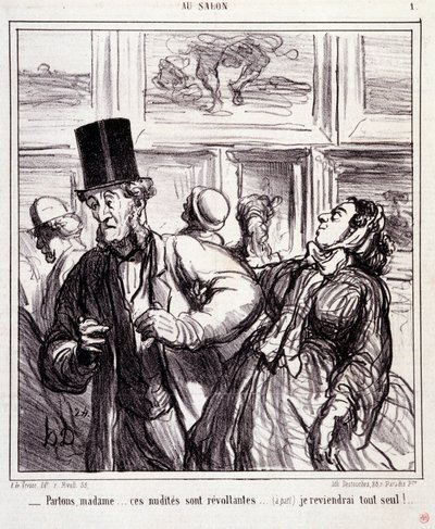 Sarjakuva taiteen ystävistä: Sarja “” Au salon””: Jätetään, rouva... nämä alastot ovat vastustajia... Palaan kokonaan yksin”” Kaiverrus Honore DAUMIER (1808-1879). Ote sanomalehdestä "" Le Charivari"" 5. toukokuuta tekijältä Honoré Daumier