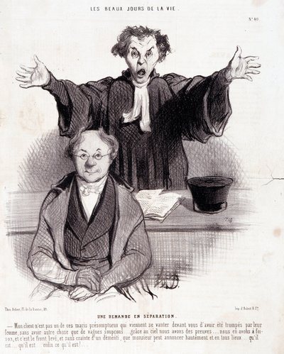 Sarjakuva avioeroista: Sarja "" Elämän kauniit päivät"": "" Eropyyntö..."". Kaiverrus Honore DAUMIER (1808-1879). Ote sanomalehdestä "" Le Charivari"" 29. tammikuuta tekijältä Honoré Daumier