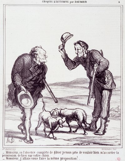 Sarjakuva metsästäjistä: Sarja "" Autumn Sketch"": "" Sir, koska riistaa ei ole lainkaan, antakaa minulle lupa ampua koirasi..." Kaiverrus Honore DAUMIER (1808-1879). Ote sanomalehdestä "" Le Charivari"" 28. syyskuuta tekijältä Honoré Daumier