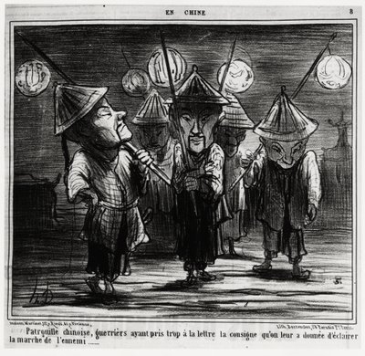 Kiinalainen partio, soturit ovat pitäneet liian kirjaimellisesti heille annetut ohjeet vihollisen marssin valaisemiseksi. Sarjassa En Chine, Honore Daumierin (1808-1879) kuvitus, julkaistu Charivarissa, päivätty 25. tammikuuta tekijältä Honoré Daumier