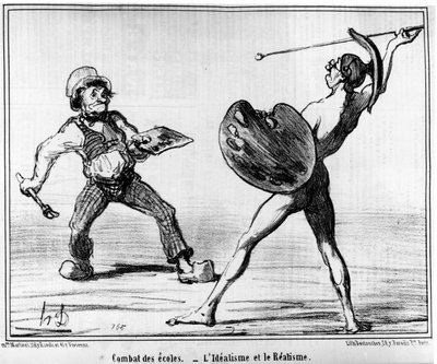 Koulutaistelu. idealismi ja realismi, otettu Honore Daumierin (1808-1879) sarjakuvat "" Paintings and salons" -sarjasta. “Charivari” tekijältä Honoré Daumier