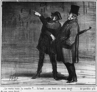 Näetkö komeetan? ylös... sormeni päässä... älä unohda sormeani!... , sarjakuva Honore Daumier (1808-1879). "Charivari" tekijältä Honoré Daumier
