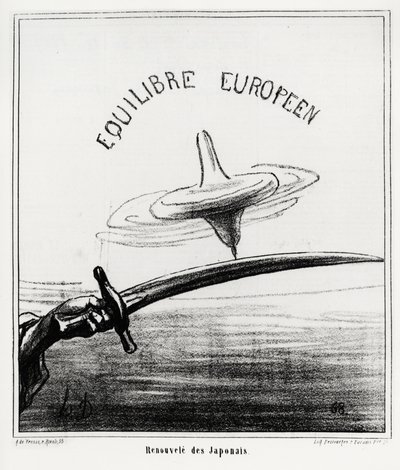 Euroopan tasapaino: Japanin herätys. Juuri Japanin keisarillisen hallinnon palauttamisen jälkeen, Tokugawa shogunan eron jälkeen marraskuussa 1867. Illustration d