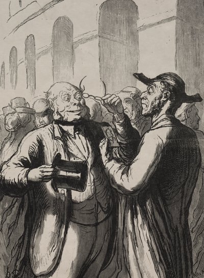 Universaali näyttely: Valokuvien tarkastus kääntöporteissa. Kaljujen on otettava hattu pois ja lyhytnäköisten silmälasit. tekijältä Honoré Daumier