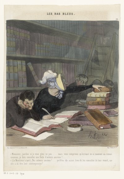 Figuurit lukupöydän takana yleisessä kirjastossa Les Bas Bleus (sarjan nimi esineellä) tekijältä Honoré Daumier