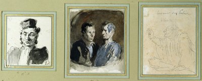 Edestä asianajaja, kaksi syytettyä ja asianajaja (lyijykynä, pesukone, wc ja muste paperille) tekijältä Honoré Daumier