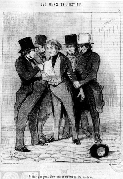 Riista, jota voi metsästää kaikkina vuodenaikoina, Honore Daumierin (1808-1879) "Gens de Justice" -sarjakuvasarjasta. "Charivari" tekijältä Honoré Daumier